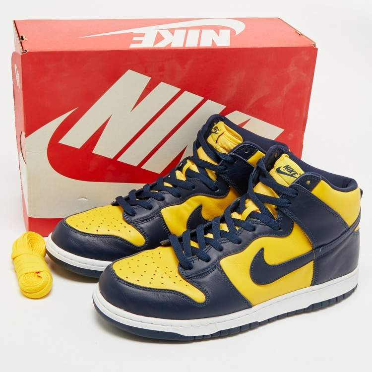 Pre Owned Nike Navy Blue/Yellow Leather Dunk High Michigan Sneakers Size 46