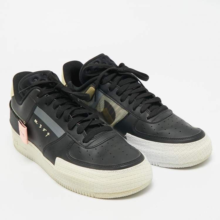 Pre Owned Nike Black/Beige Leather and Mesh Air Force 1 Type Sneakers Size 45.5
