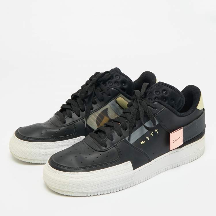 Pre Owned Nike Black/Beige Leather and Mesh Air Force 1 Type Sneakers Size 45.5