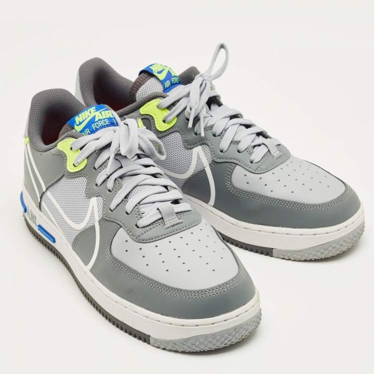 Pre Owned Nike Grey Leather and Canvas Air Force 1 React Wolf Grey Sneakers Size 44.5
