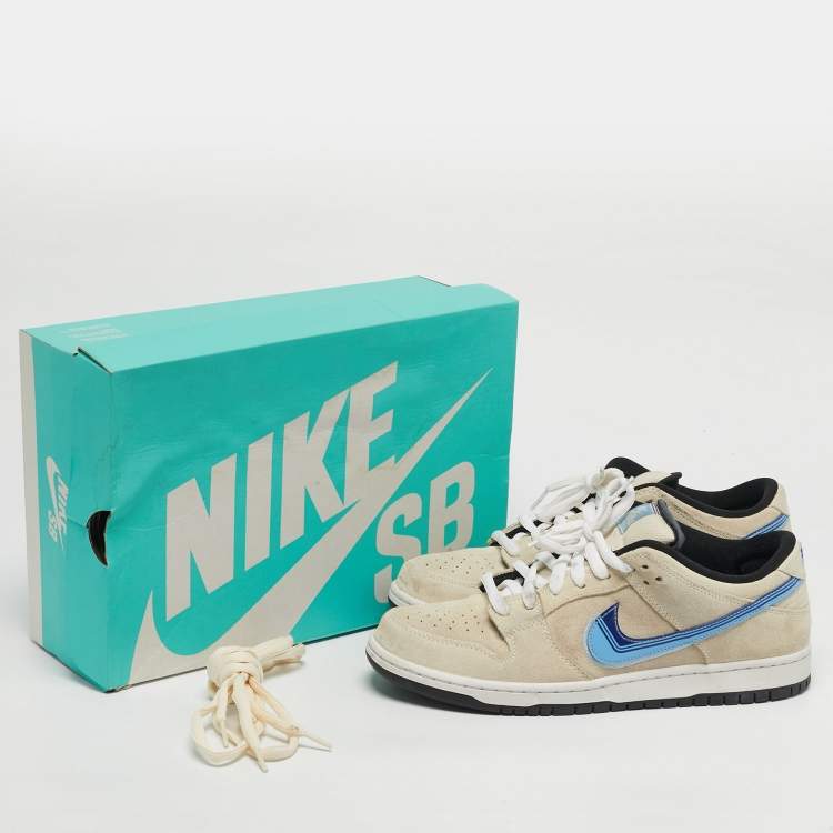 Pre Owned Nike SB Dunk Truck It Size 45 Cream/Blue Suede and Patent Leather Low Top Sneakers