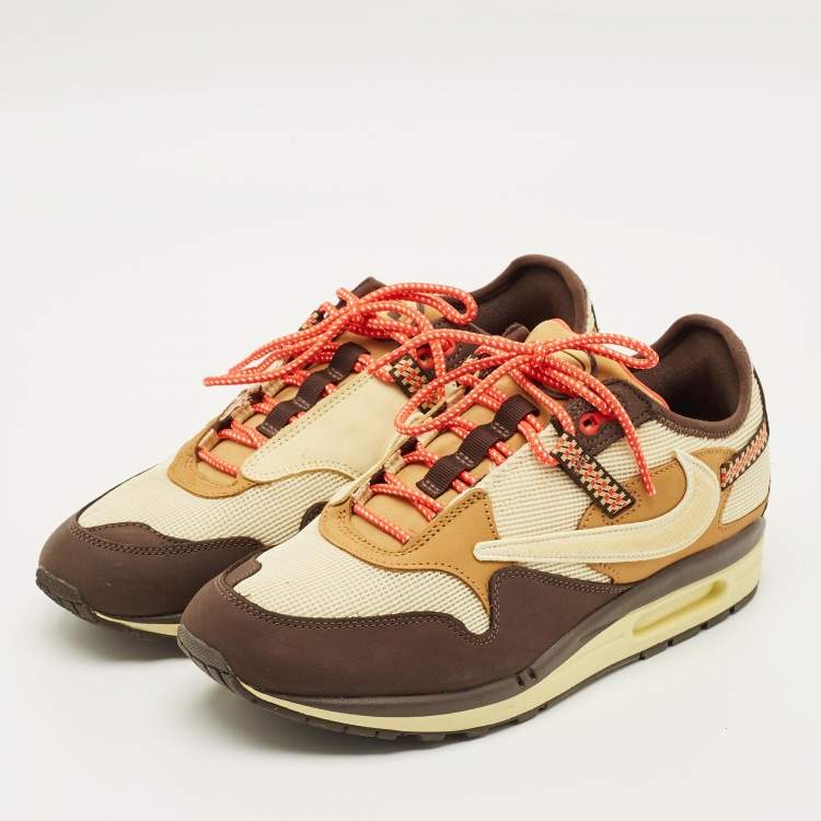 Pre Owned Nike Air Max 1 Size 44.5 Tricolor Mesh and Nubuck Leather Travis Scott Cactus Jack Baroque  Lace Up Sneakers