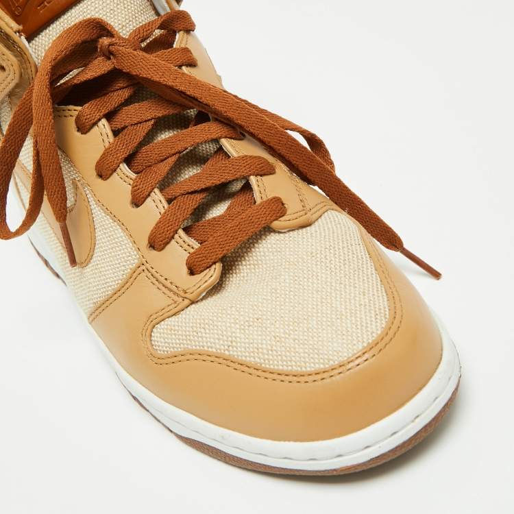 Pre Owned Nike  Light Brown Leather And Canvas Dunk High Acorn Sneakers Size 44