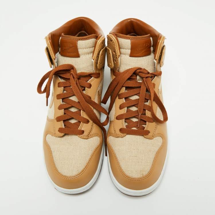 Pre Owned Nike  Light Brown Leather And Canvas Dunk High Acorn Sneakers Size 44