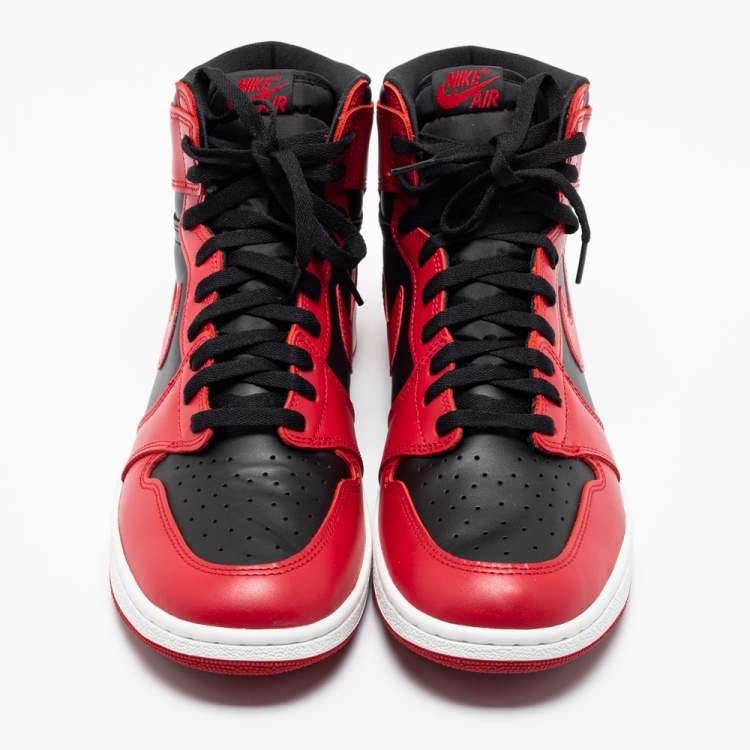 Pre Owned Nike Red/Black Leather Air Jordan 1 High Top Sneakers Size 47