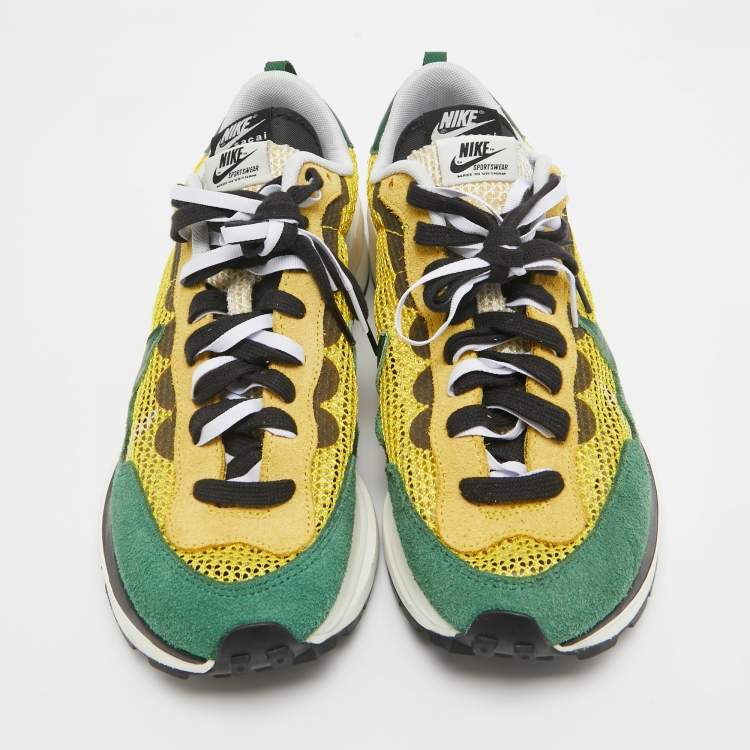 Pre Owned Nike x Sacai Green/Yellow Mesh and Suede Vaporwaffle Sneakers Size 43