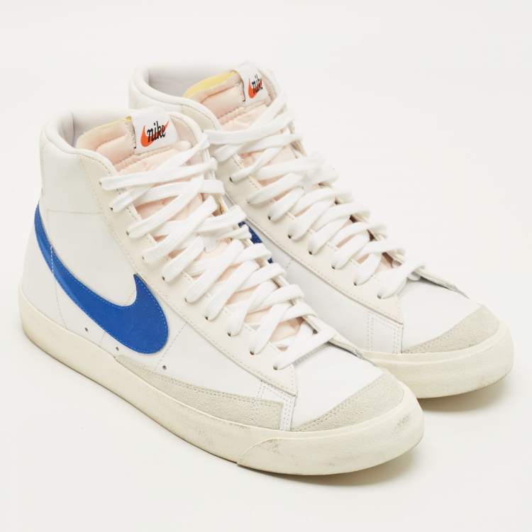 Pre Owned Nike x Sacai Blazer Mid Size 45 White Leather and Suede 77 Vintage Racer High Top Sneakers