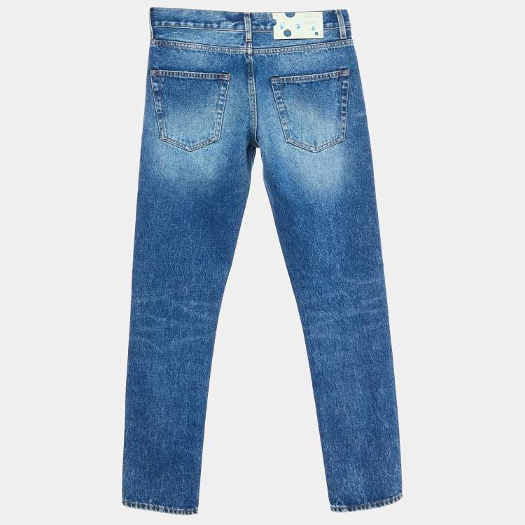 Pre Owned Off-White Medium Blue Washed Denim Slim Fit Jeans S Waist 30"