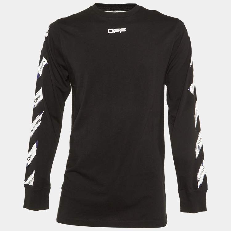 Pre Owned Off-White Black Airport Tape Print Cotton Long Sleeve T-Shirt M