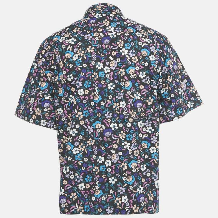 Pre Owned Off-White Blue Floral Print Cotton Short Sleeve Shirt M