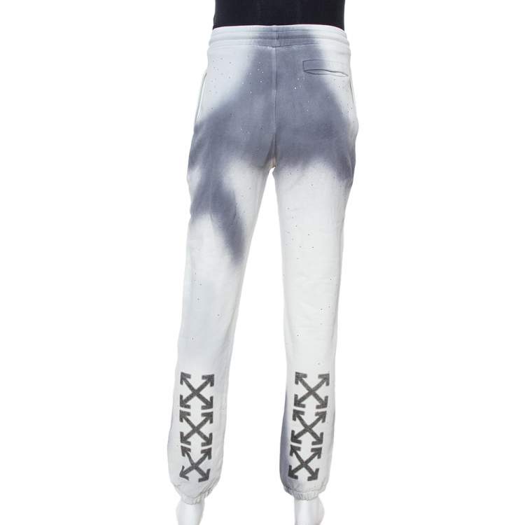 Pre Owned Off-White Grey Spray Painted Cotton Crystal Embellished Sweatpants M