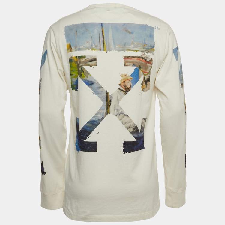 Pre Owned Off-White White Printed Cotton Long Sleeve T-Shirt L
