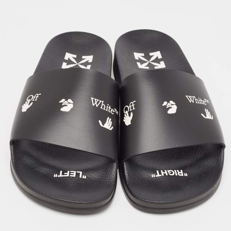Pre Owned Off-White Black Rubber Logo Pool Slides Size 41