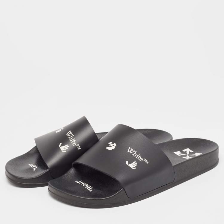 Pre Owned Off-White Black Rubber Logo Pool Slides Size 41