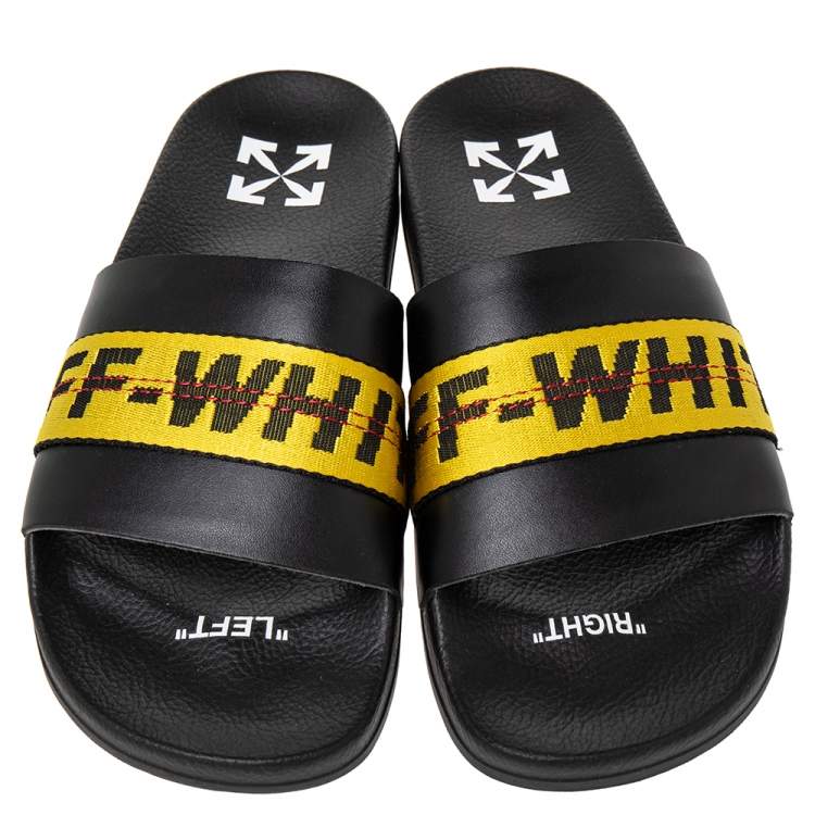 Pre Owned Off-White Black/Yellow Leather Logo Slide Sandals Size 41