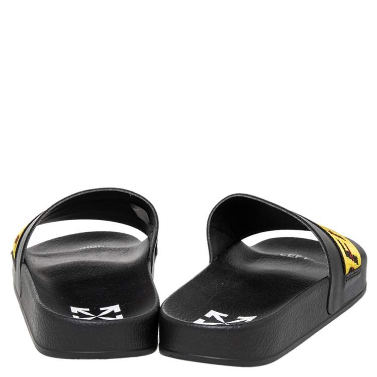Pre Owned Off-White Black/Yellow Leather Logo Slide Sandals Size 41