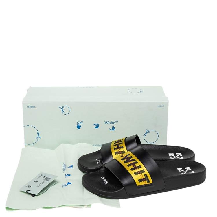 Pre Owned Off-White Black/Yellow Leather Logo Slide Sandals Size 41
