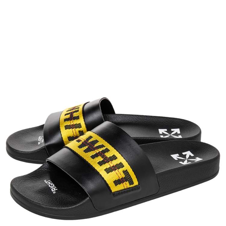 Pre Owned Off-White Black/Yellow Leather Logo Slide Sandals Size 40