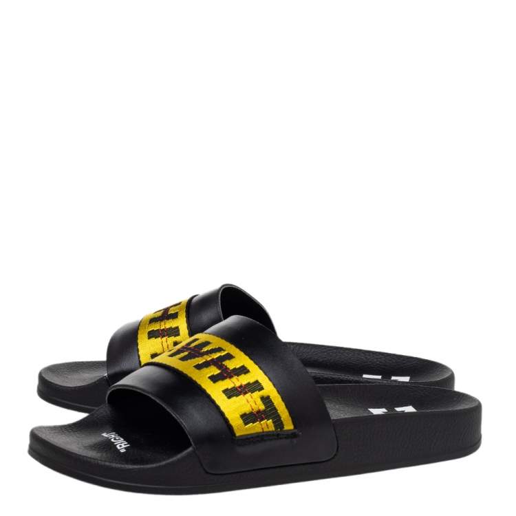 Pre Owned Off White Black/Yellow Leather Slide Sandals Size 40