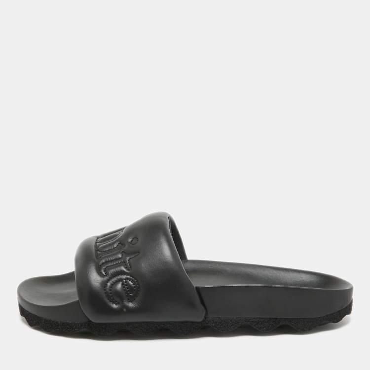 Pre Owned Off-White Black Leather Sponge Logo Embroidered Bookish Slides Size 41