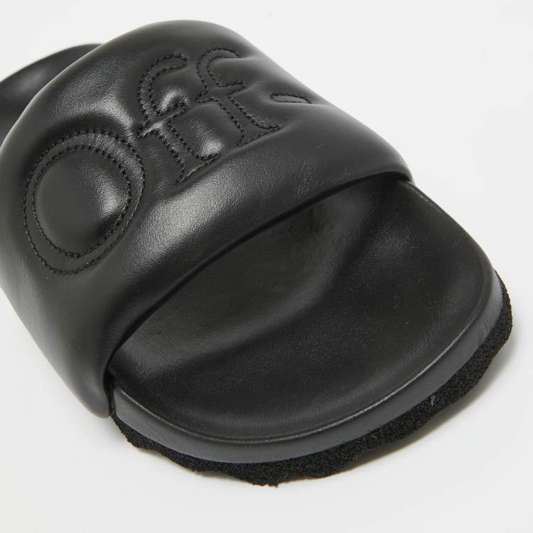 Pre Owned Off-White Black Leather Sponge Logo Embroidered Bookish Slides Size 41