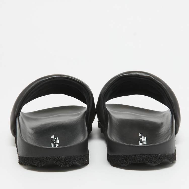 Pre Owned Off-White Black Leather Sponge Logo Embroidered Bookish Slides Size 41