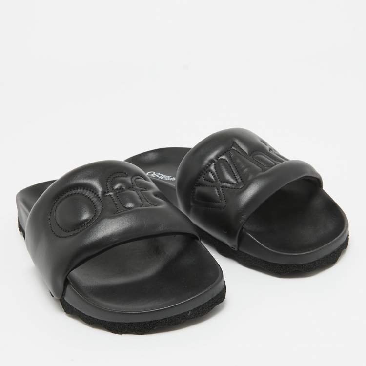 Pre Owned Off-White Black Leather Sponge Logo Embroidered Bookish Slides Size 41