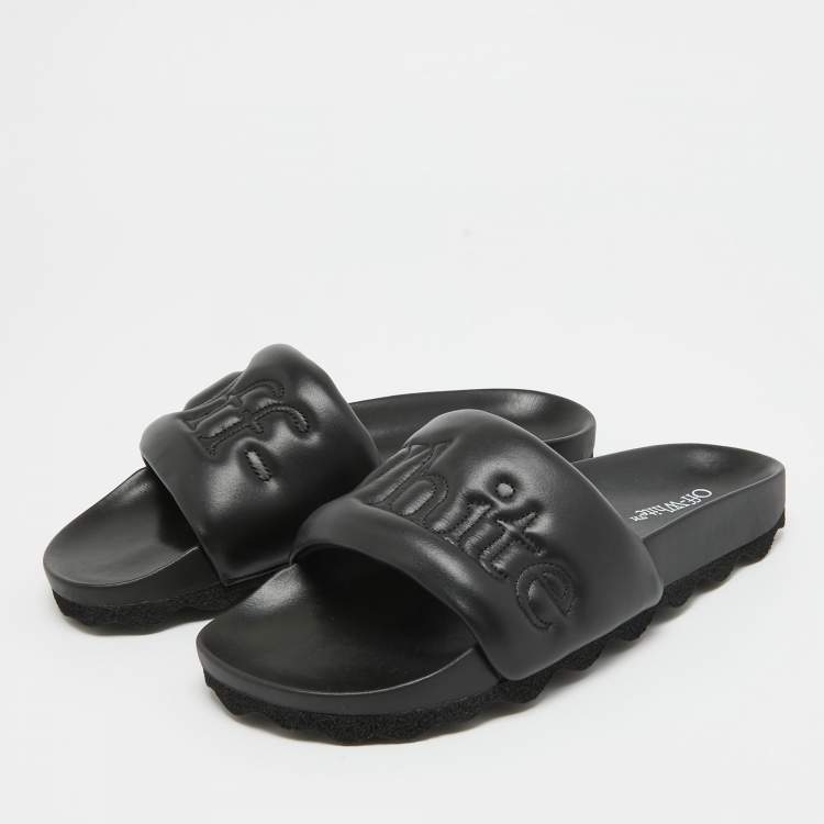 Pre Owned Off-White Black Leather Sponge Logo Embroidered Bookish Slides Size 41