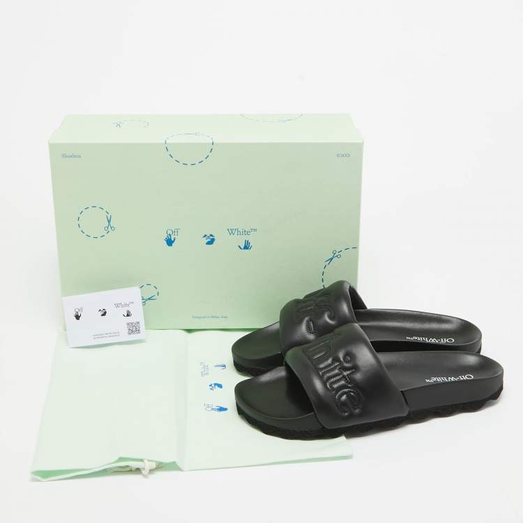 Pre Owned Off-White Black Leather Sponge Logo Embroidered Bookish Slides Size 41