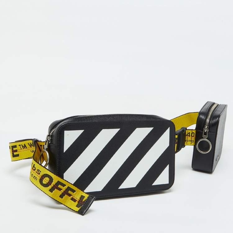 Pre Owned Off White Black Leather Stripe Print Belt Bag