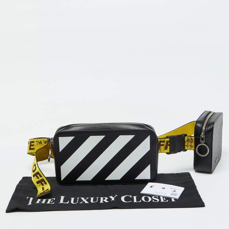 Pre Owned Off White Black Leather Stripe Print Belt Bag