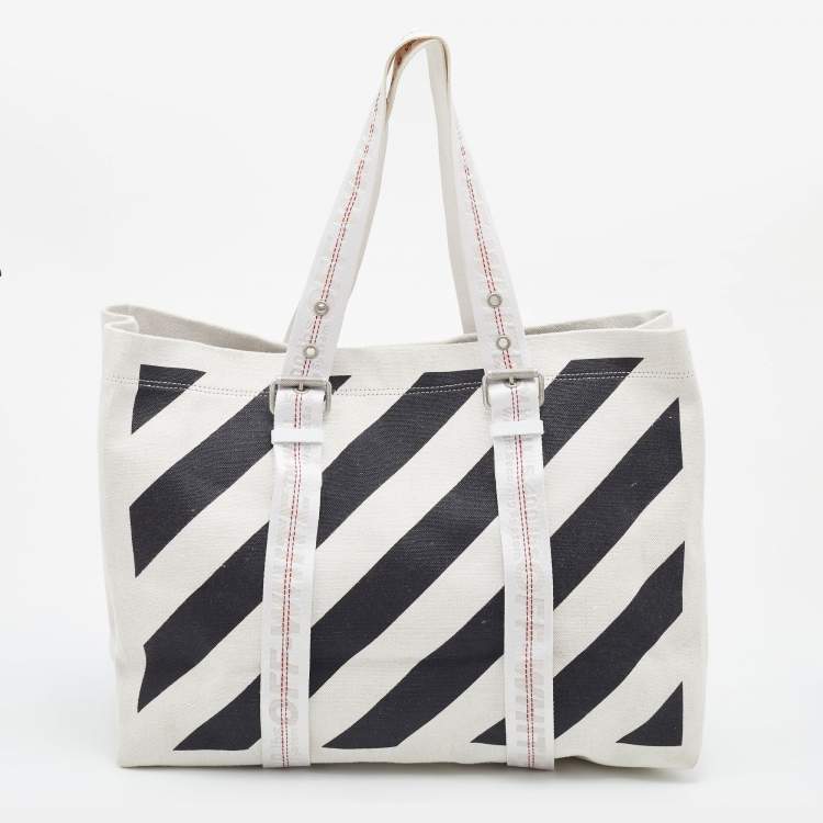 Pre Owned Off-White Off White/Black  Stripe Canvas Diag Tote