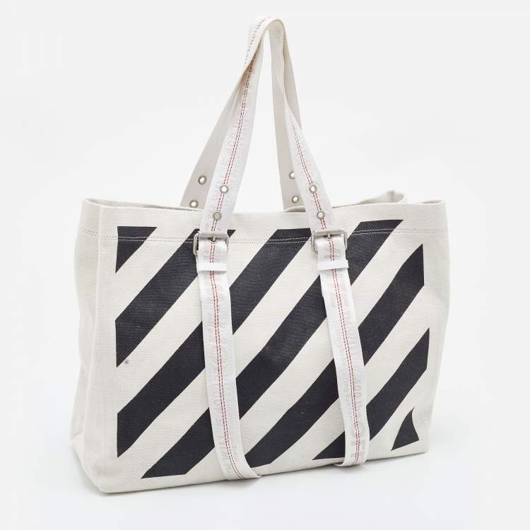 Pre Owned Off-White Off White/Black  Stripe Canvas Diag Tote