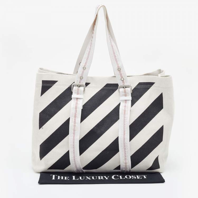 Pre Owned Off-White Off White/Black  Stripe Canvas Diag Tote