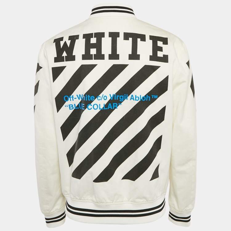 Pre Owned Off-White White Printed Gabardine Cotton Button Front Varsity Jacket M