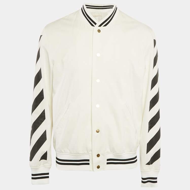 Pre Owned Off-White White Printed Gabardine Cotton Button Front Varsity Jacket M