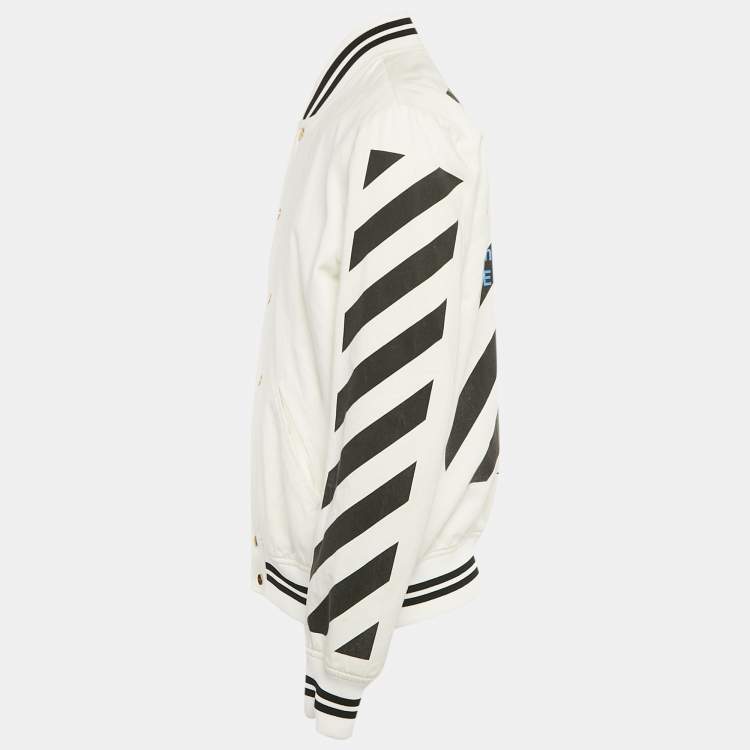 Pre Owned Off-White White Printed Gabardine Cotton Button Front Varsity Jacket M