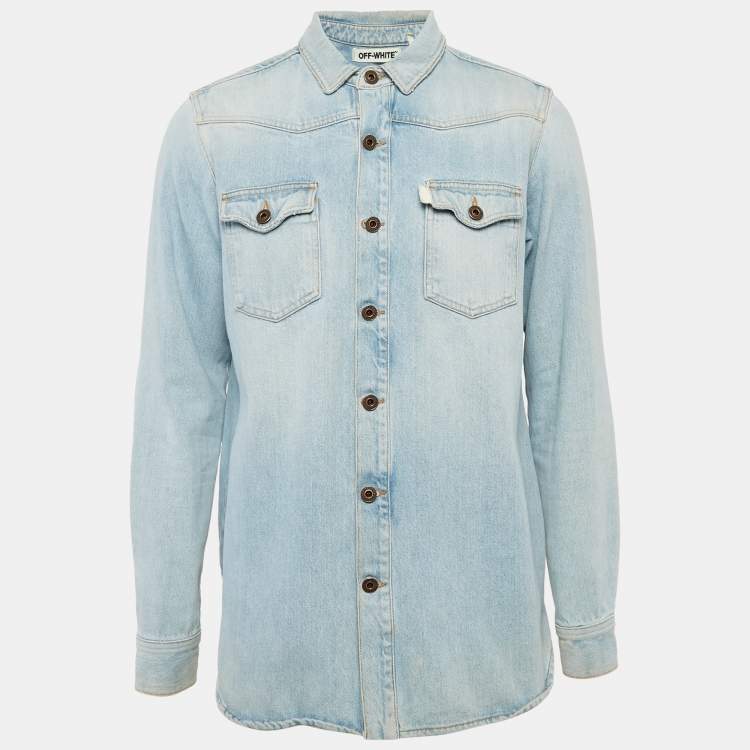 Pre Owned Off-White Blue Back Print Washed Denim Button Front Shirt M