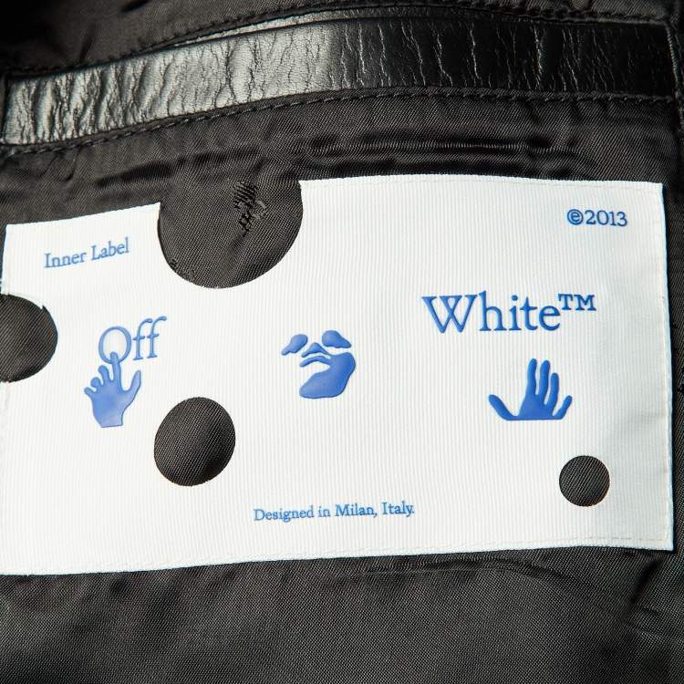 Pre Owned Off-White Black Diagonal Tab Print Leather Biker Jacket L