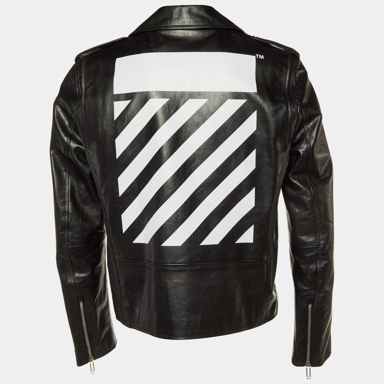 Pre Owned Off-White Black Diagonal Tab Print Leather Biker Jacket L
