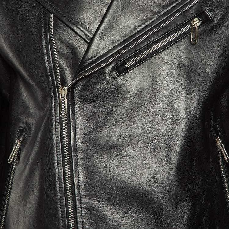 Pre Owned Off-White Black Diagonal Tab Print Leather Biker Jacket L