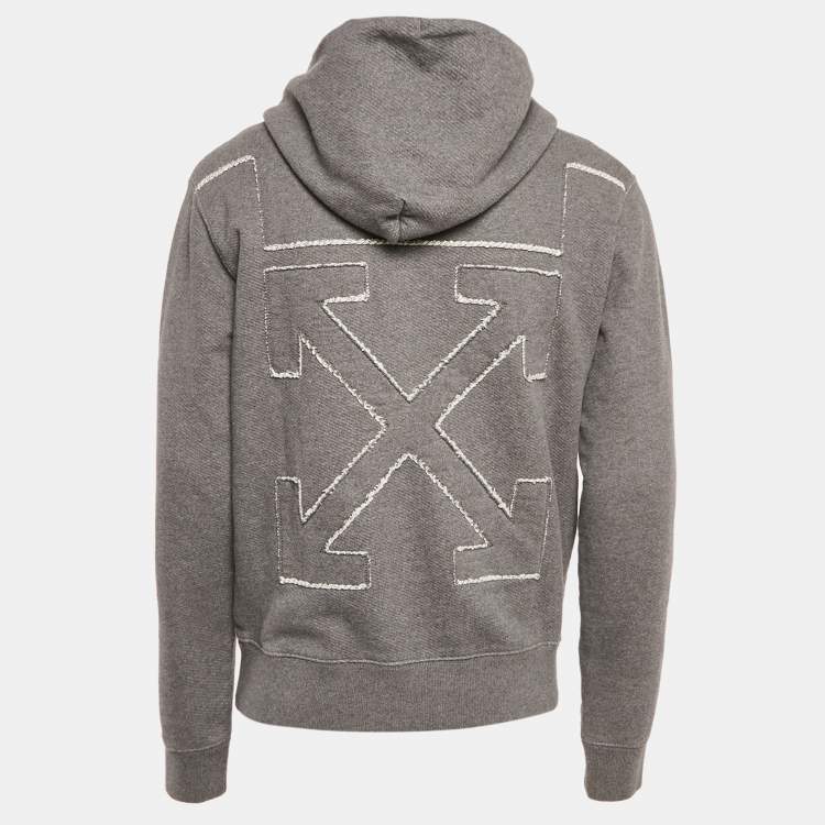 Pre Owned Off-White Grey Arrow Embroidered Cotton Hooded Sweatshirt M