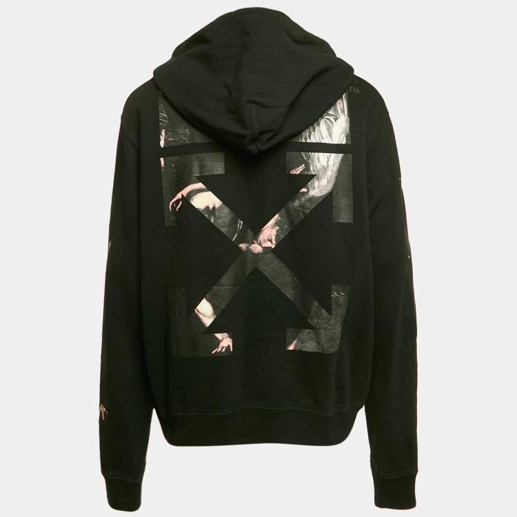 Pre Owned Off-White Black Logo Print Cotton Hooded Sweatshirt XL