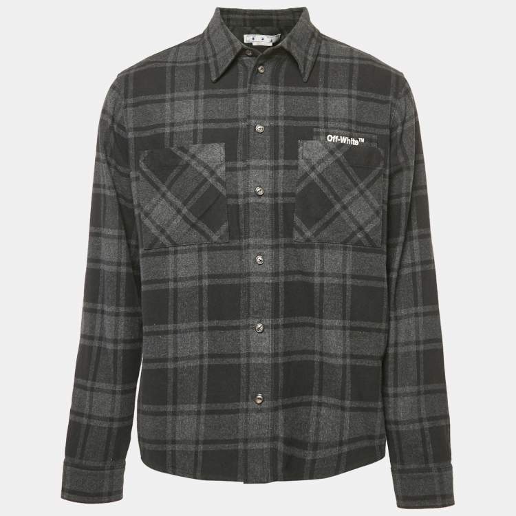 Pre Owned Off-White Black Tartan Cotton Logo Embroidered Shirt M