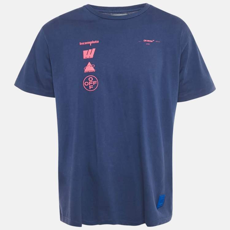 Pre Owned Off-White Blue Printed Cotton Knit Crew Neck Oversized T-Shirt XS