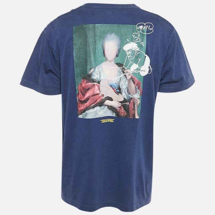 Pre Owned Off-White Blue Printed Cotton Knit Crew Neck Oversized T-Shirt XS
