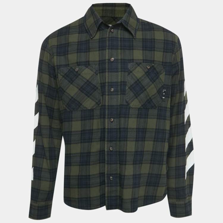 Pre Owned Off-White Green/Blue Tartan Print Cotton Diagonal Shirt M 