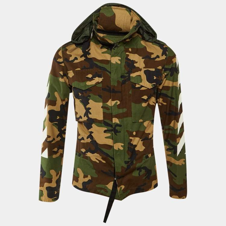 مملوكة مسبقًا Off-White Green Camo Print Cotton Hooded Field Jacket XXS