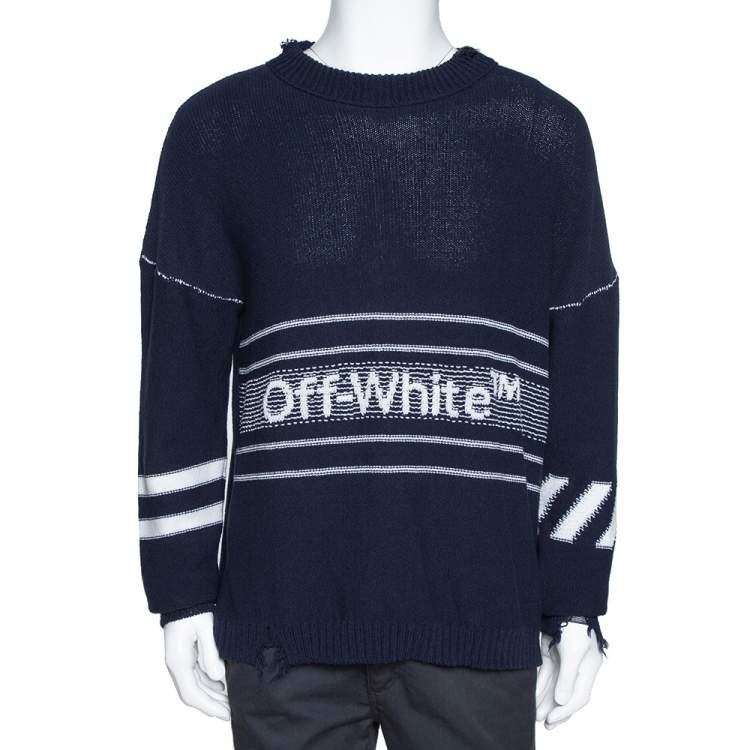 Off White Navy Blue Logo Intarsia Knit Distressed Jumper S Off-White | The  Luxury Closet