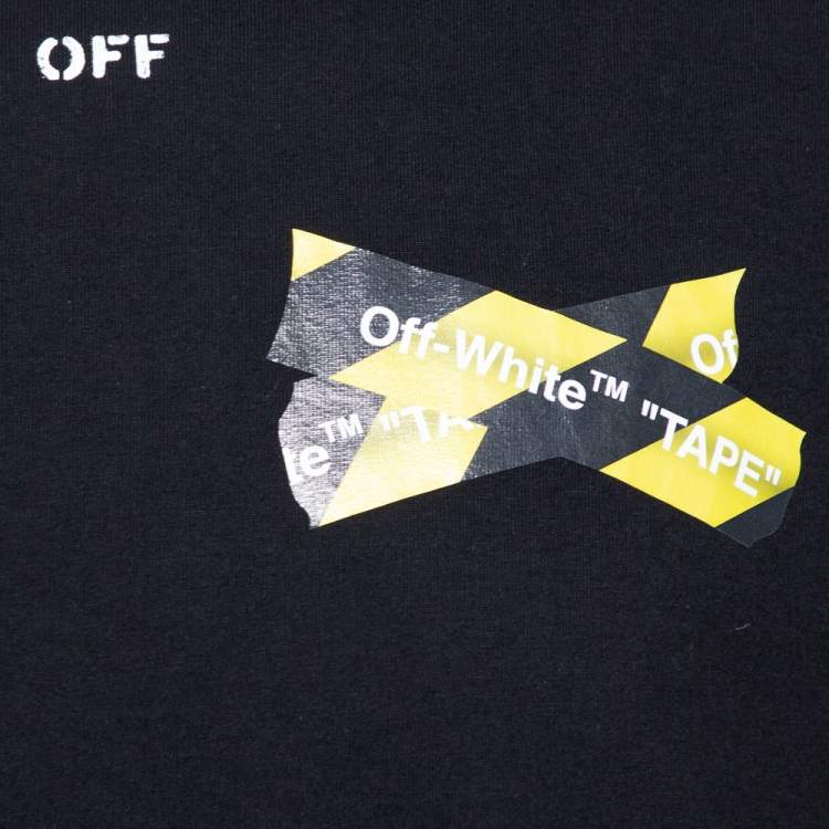 Pre Owned Off White Black Logo Caution Tape Printed Cotton T Shirt L